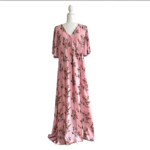 Azalosie Pink Peach Floral Shor Dress  SIZE M 
Sleeve Wrap High Low Maxi - Picture 3 of 10